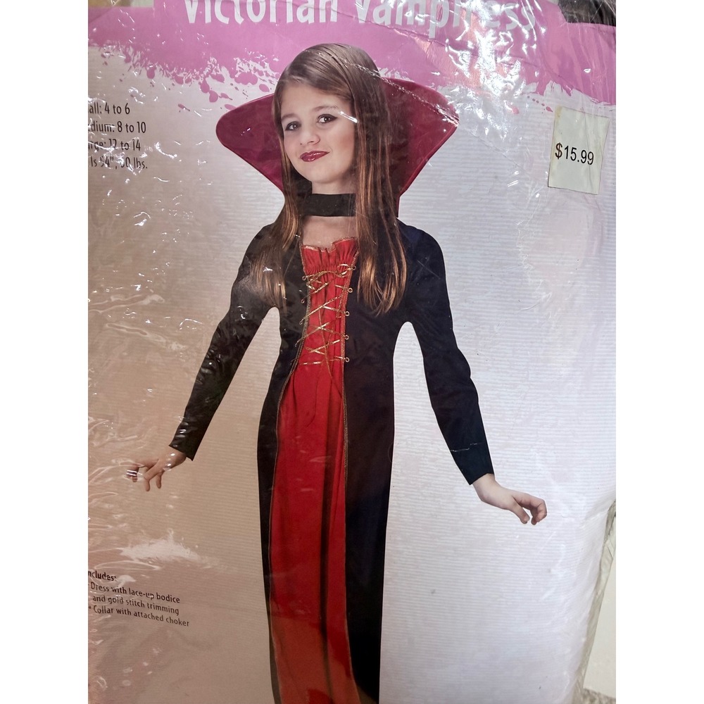 Victorian Vampiress Girls Costume Dress with Collar Black Red Gold Size 12-14 L